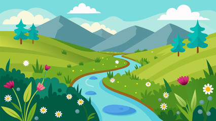 Fototapeta premium A small stream runs through the middle of the meadow providing a source of water for the newly planted wildflowers and attracting a variety of. Vector illustration