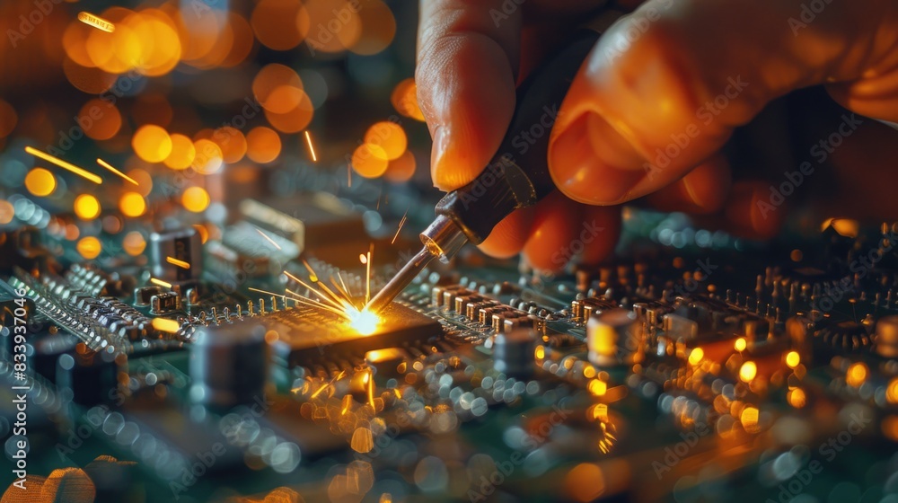 Poster a detailed view of someone building electronic parts together, often used for tech-related projects 
