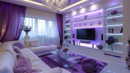 Modern living room interior design, white and purple theme with a large chandelier, a sofa set in the center of a glass coffee table with a crystal lamp on top. Generative AI.