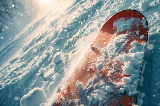 Someone is snowboarding down a snowy hill with a bright sun, sport background