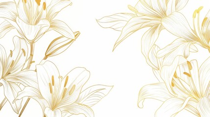 Lilies floral, luxury botanical on white background vector, empty space in the middle to leave room for text or logo, gold line wallpaper, leaves, flower, foliage, hand drawn