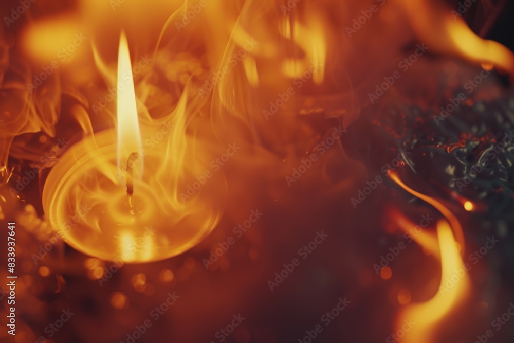 Poster a close-up view of a lit candle on a table, highlighting the warm glow and flame