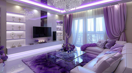 Modern living room interior design, white and purple theme with a large chandelier, a sofa set in the center of a glass coffee table with a crystal lamp on top. Generative AI.