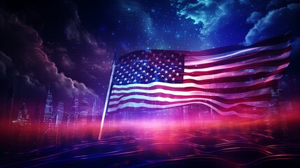 Glowing Patriotism: Neon American Flag Tribute in the Night Sky - Digital Illustration for Independence Day and Memorial Day with Ample Copy Space