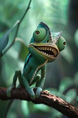 Fototapeta premium A close-up shot of a chameleon sitting on a branch, its skin displaying a vibrant color scheme