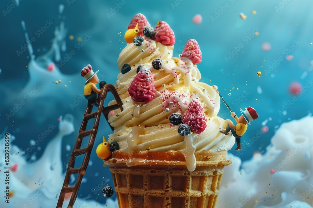 Aufkleber a colorful dessert featuring fresh raspberries and blueberries on top of an ice cream cone