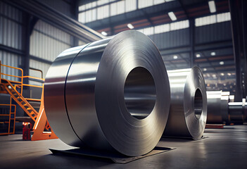 Metallurgical production. Large rolls of shiny aluminum foil or steel. AI generative.