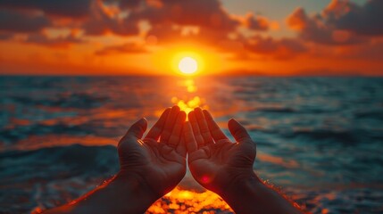 Person appearing to hold the sun, optical illusion, sunset background, realistic