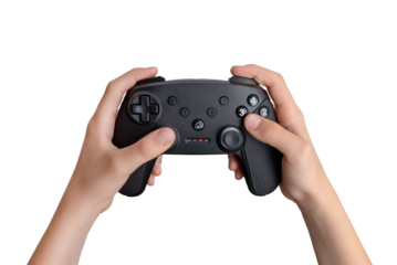 Close-up image of a child holding an isolated, transparent gamepad. Ideal for content on gaming, kids, technology, and family entertainment