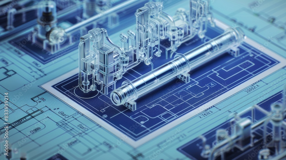 Poster A detailed view of a machine on a blueprint, ideal for illustrations and technical documentation