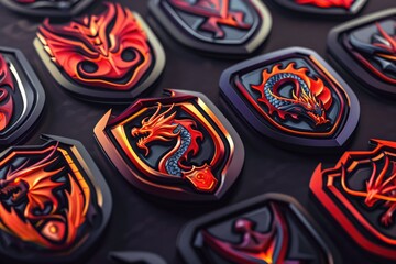 A collection of various badges displayed on a table