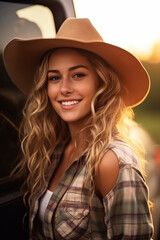 Beautiful young woman driver of a pickup truck wearing a cowboy hat.
