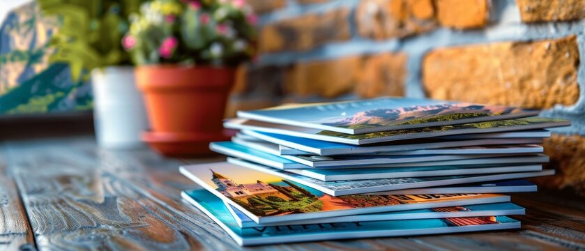 Print-ready travel brochures with eye-catching covers, stacked on a desk, realistic