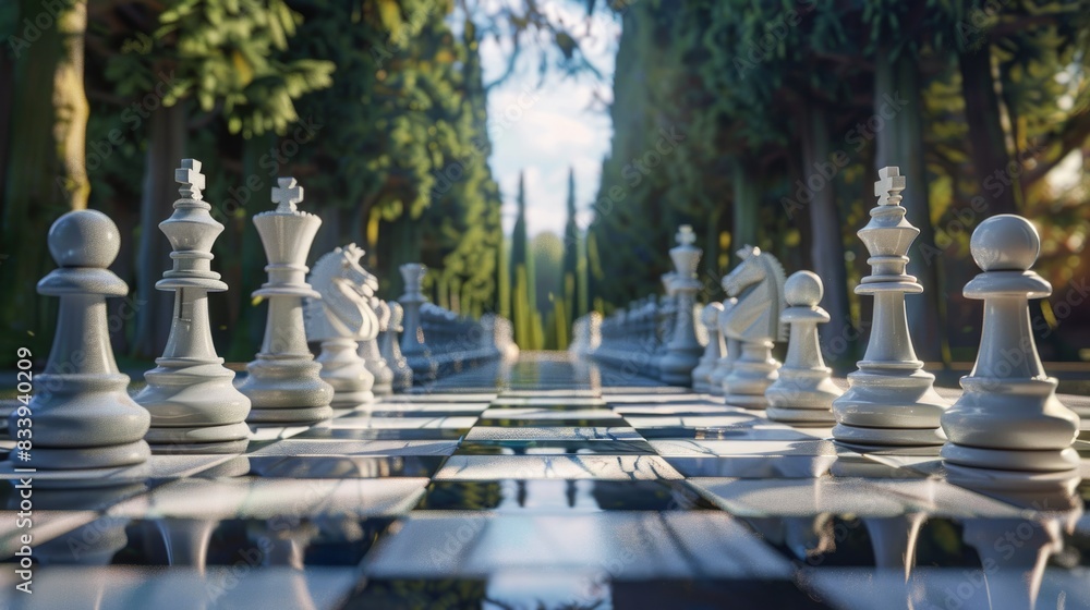 Poster group of chess pieces sitting on top of a chess board, great for use in gaming or education related 