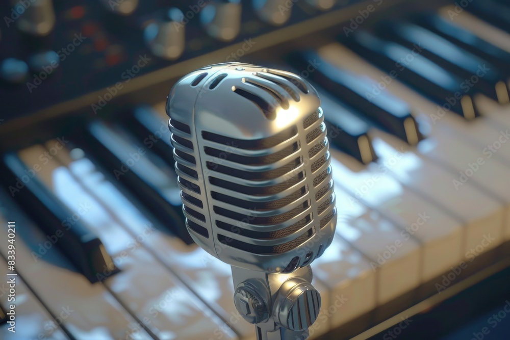 Poster a close-up view of a microphone sitting on top of a piano keyboard, ideal for use in music-related p