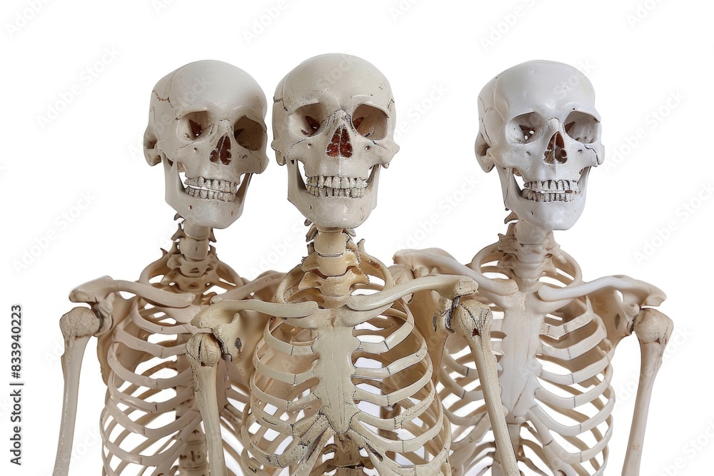 Poster a group of three skeletons standing side by side, no background information provided