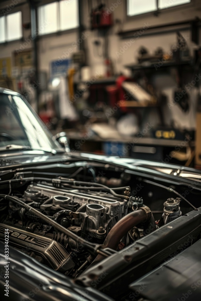 Poster a car with its engine exposed in a garage