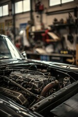 Fototapeta premium A car with its engine exposed in a garage