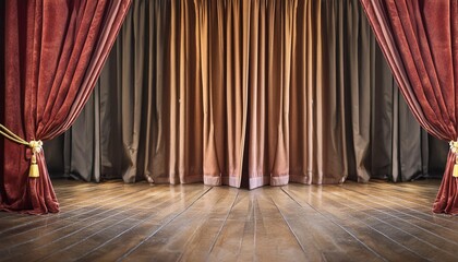 a theater stage with closed red velvet curtains the stage floor is made of dark polished wood with foot wallpaper background landscape photography
