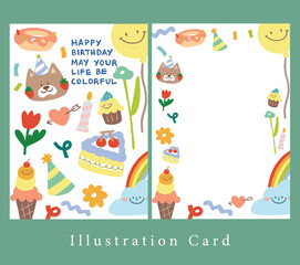 Obraz premium birthday illustration card , a cute dog , , ice cream, air balloon , flower , birthday cake , sky and rainbow for card decoration