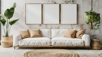 three blank vertical picture frames hanging over white modern sofa in an apartment