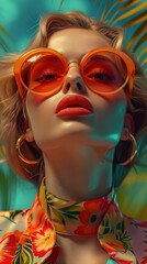 Obraz premium Retro style pastel colors summer background. Fashion woman wearing big sunglasses.