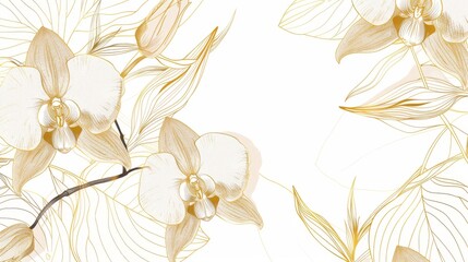 Orchids floral, luxury botanical on white background vector, empty space in the middle to leave room for text or logo, gold line wallpaper, leaves, flower, foliage, hand drawn 