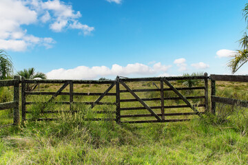 Close up low angle view of a weathered wooden fence in the pampas grasslands in Rocha department,...