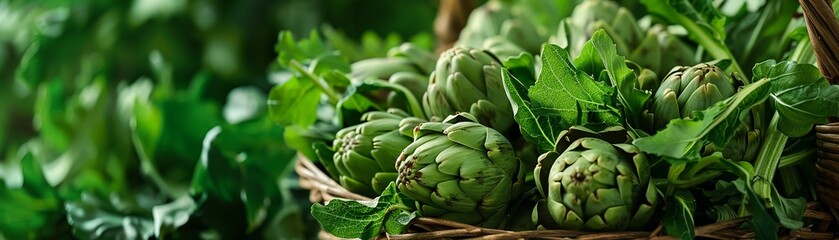 A close-up of freshly picked artichokes in a wicker basket, detailed textures of the leaves and stems, vibrant green colors