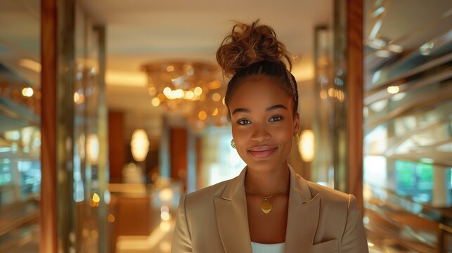 African American female hostess in a neat outfit, warmly greeting guests at a fancy restaurant entrance