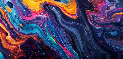 Abstract Colorful Fluid Oil Spill Art Painting with Swirling Patterns in Vibrant Jewel Tones Hues Background