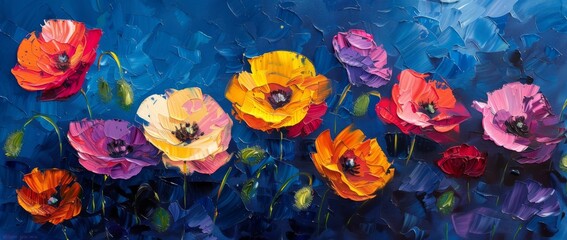 abstract painting of colorful poppy flowers on a dark blue background