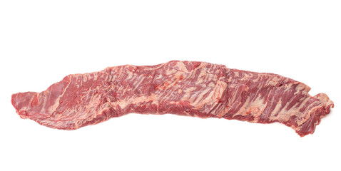 A Long Thin Raw Beef Flank Steak Isolated on a White Background