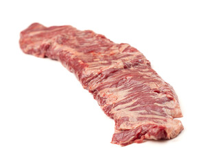 A Long Thin Raw Beef Flank Steak Isolated on a White Background