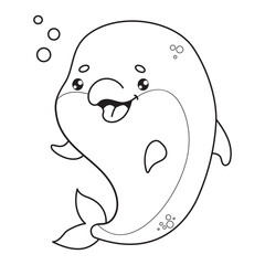 Outline cute dolphin. Happy cartoon kawaii animal. Line drawing, coloring book. Vector illustration. Underwater world. Kids collection