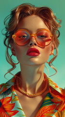 Fototapeta premium Retro style pastel colors summer background. Fashion woman wearing big sunglasses.
