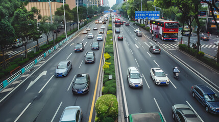 Sustainable Climate , A futuristic highway where electric and solar-powered cars replace traditional vehicles reducing carbon emissions . Green energy, Air pollution, Innovative Transportation 