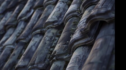 Detailed texture of architectural roof tiles, close-up, no people, twilight, layered protection.