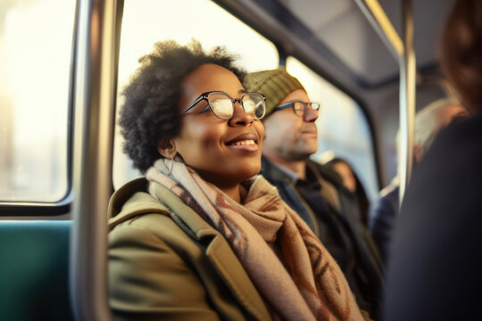 Handsome smiling young African American woman in eyeglasses taking a tram to work. Morning trip by city bus. Passengers commuting in bus. Public bus ride.