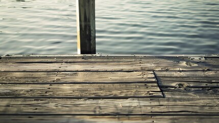 Fototapeta premium Waterfront building dock close-up, detailed wood planks, no people, soft morning light, serene water's edge. 