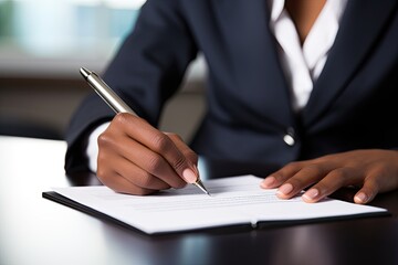 Hands of an African American businessman signs documents close-up. He sits in the office in the evening and signs the document.