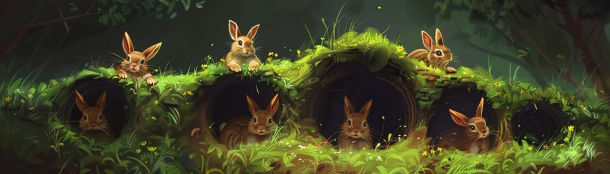 A group of rabbits emerging from their intricate warren, detailed burrow entrances and lush green meadow above, high-detail, emphasizing the cozy and protective underground home