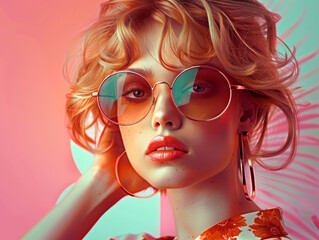 Obraz premium Retro style pastel colors summer background. Fashion woman wearing big sunglasses.