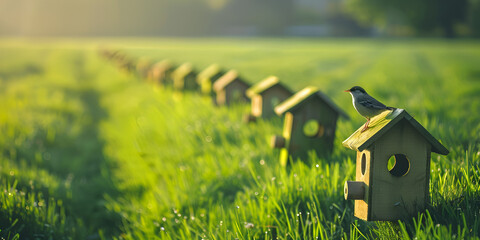 a row of birdhouses in a grassy field The birdhouses are made of wood and have a hole on the front for the birds to enter The grass is green and there is a sunset in the background.