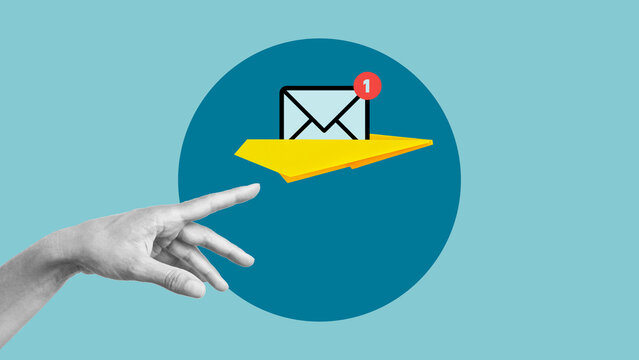 Hand throws airplane with email letter icon. Email marketing newsletter. Contact us by newsletter email. Customer service call center contact us