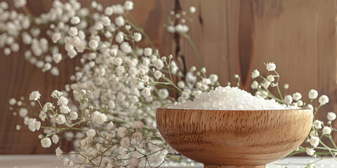  a wooden bowl filled with salt and surrounded by white flowers The bowl is placed on a table.