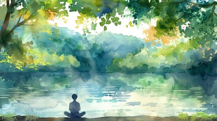 Peaceful meditation by the lake watercolor. Serene watercolor painting of a person meditating by a tranquil lake surrounded by lush green forest, perfect for mindfulness and nature themes.