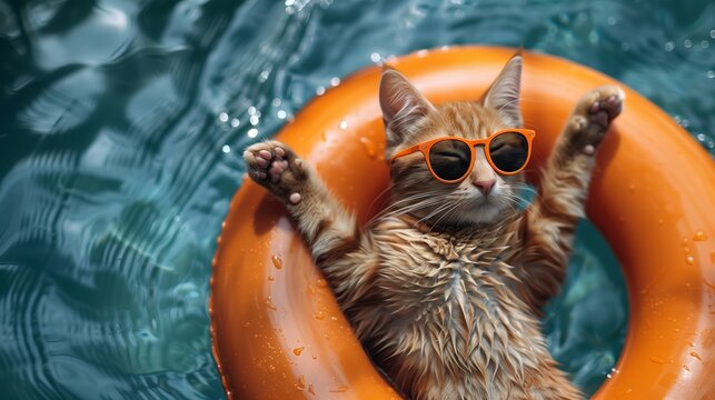 Chill cat on summer vacation, a orange cat enjoys a leisurely float inside an orange lifebuoy, sporting stylish orange sunglasses