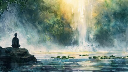 Tranquility by the waterfall. Find peace and mindfulness with this serene watercolor illustration of a person meditating by a majestic waterfall, surrounded by lush nature and sunlight.