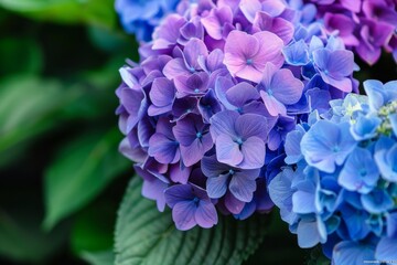 A closeup of vibrant purple and blue hydrangeas in full bloom, with green leaves, set against the backdrop of an English garden Generative AI